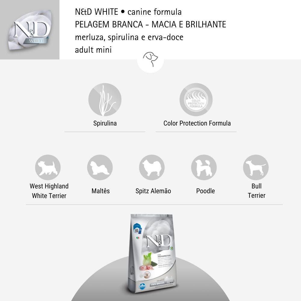 Ração Farmina N&D White para Cães Adultos de Porte Mini Sabor Merluza, Spirulina e Erva Doce