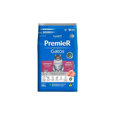 Ração Premier Ambientes Internos para Gatos Adultos Castrados de 7 a 11 anos sabor Frango 0,5kg