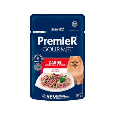 Ração Premier Gourmet para Cães Adultos de Porte Pequeno sabor Carne, Batata Doce e Brócolis 85g