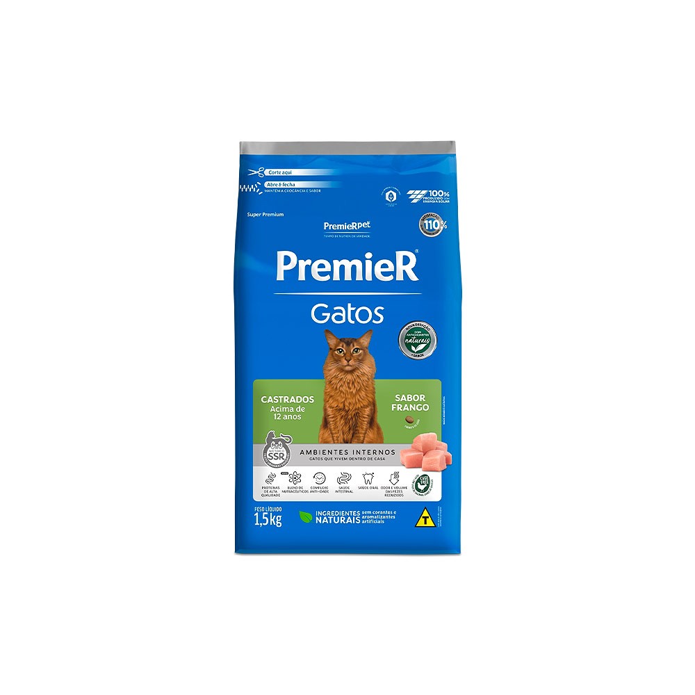 Ração Premier Ambientes Internos para Gatos Adultos Castrados acima de 12 anos sabor Frango