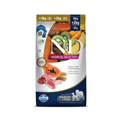 Ração Farmina N&D Tropical Selection para Cães Adultos de Porte Médio e Grande Sabor Cordeiro, Cereais e Frutas Tropicais 10kg + 2kg