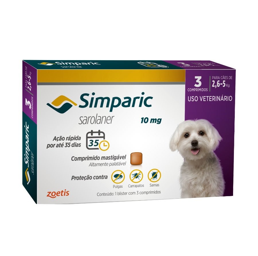 Antipulgas e Carrapatos Simparic 10 mg para Cães de 2,6kg - 5kg 