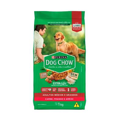 Ração Dog Chow para Cães Adultos de Porte Médio e Grande Sabor Carne, Frango e Arroz 1kg