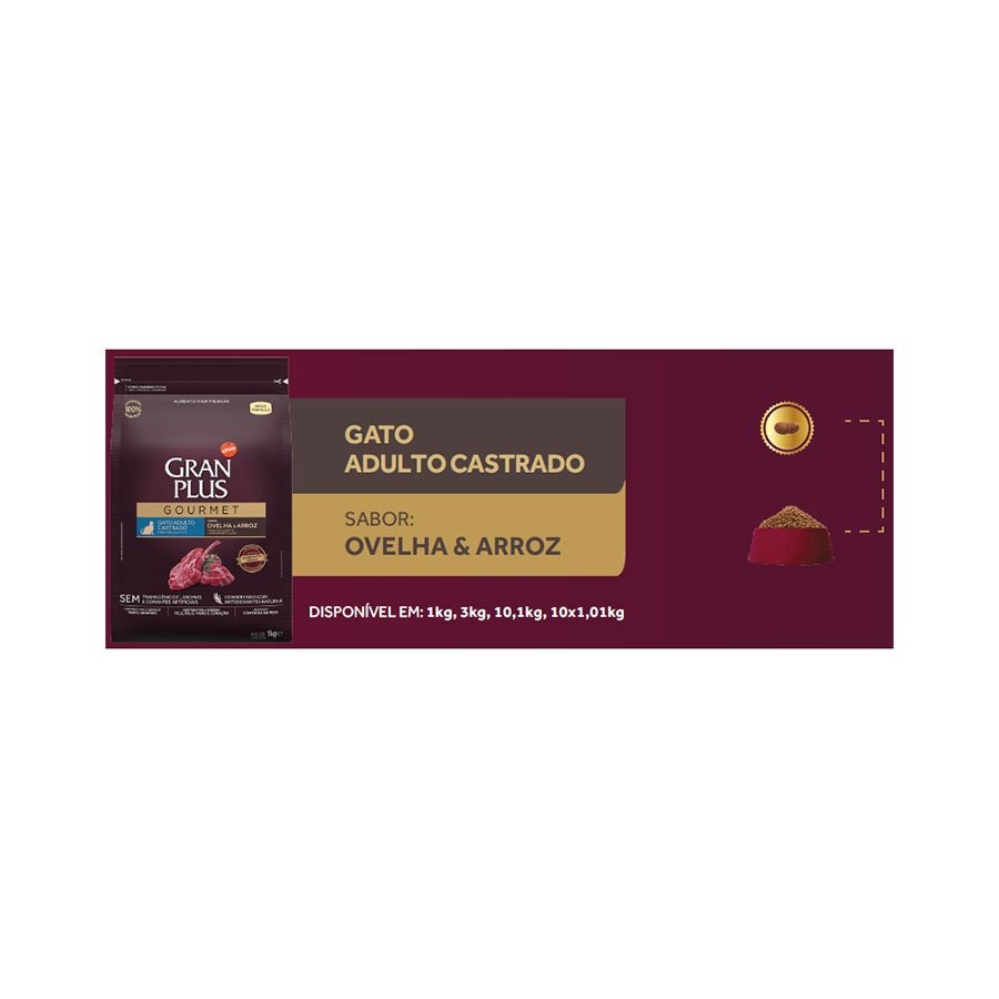 Ração Granplus Gourmet para Gatos Castrados sabor Ovelha e Arroz