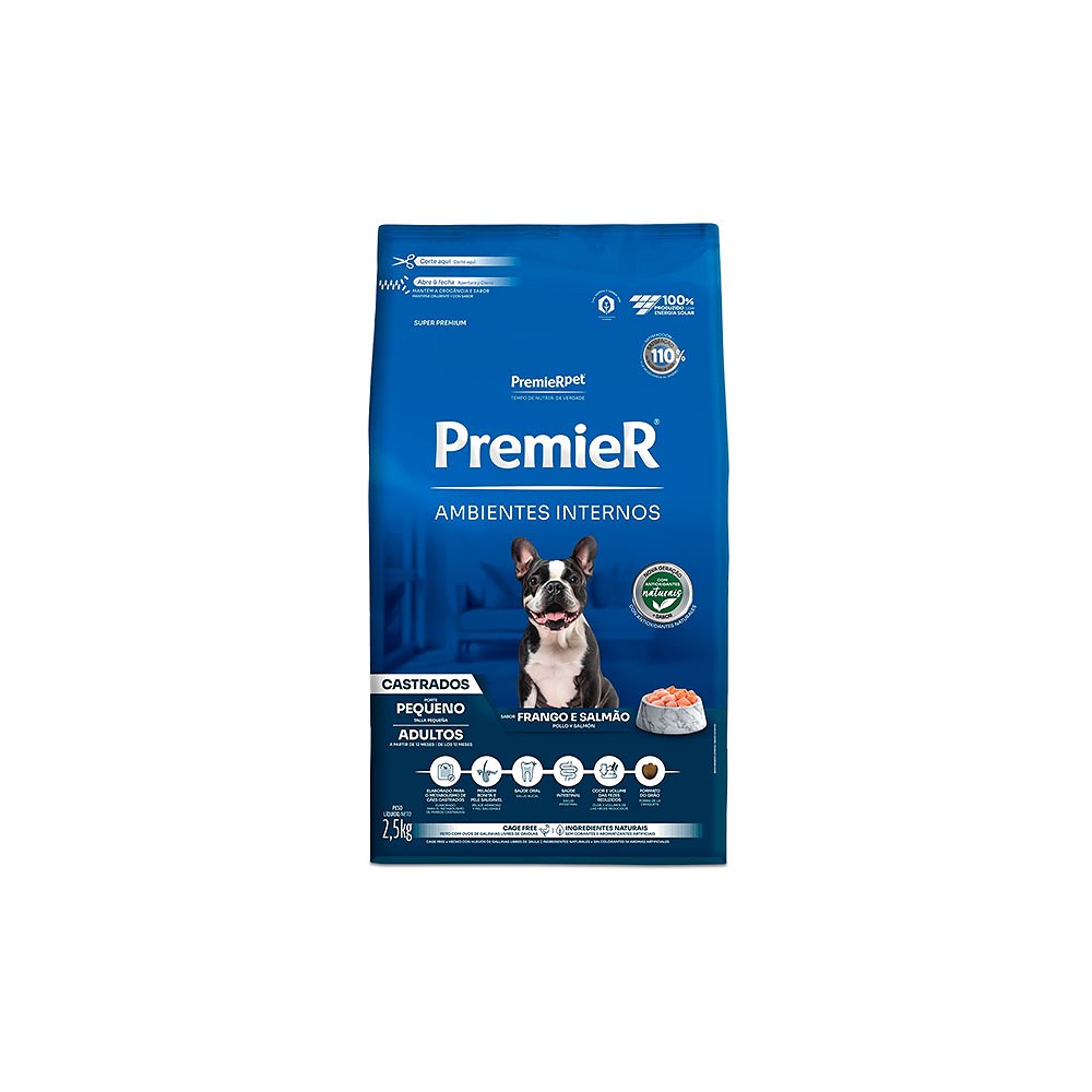 Ração Premier Ambientes Internos para Cães Adultos Castrados Raças Pequenas sabor Frango & Salmão