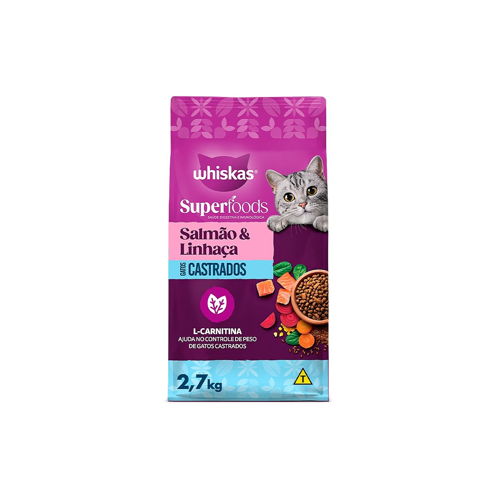 Ração Whiskas Superfoods para Gatos Adultos Castrados sabor Salmão e Linhaça