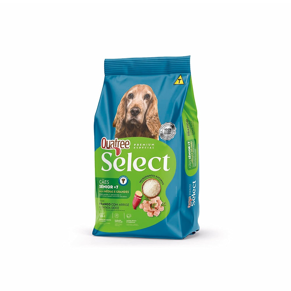 Ração Quatree Select para Cães Sênior +7 Raças Médias e Grandes sabor Frango com Arroz e Batata Doce