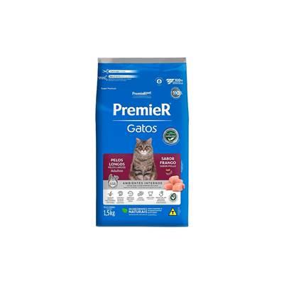 Ração Premier Gatos Adultos de Pelos Longos sabor Frango 1,5kg