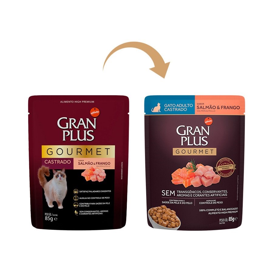 Ração GranPlus Sachê Gourmet para Gatos Adultos Castrados sabor Salmão & Frango