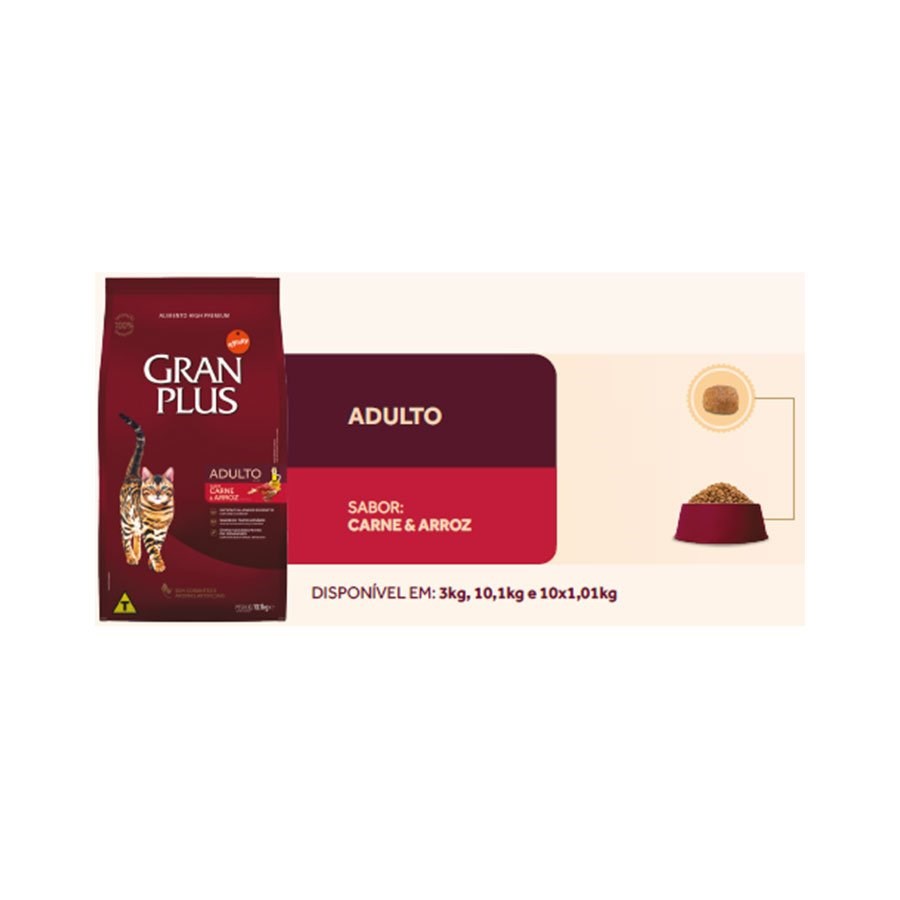 Ração Granplus para Gatos Adultos sabor Carne e Arroz