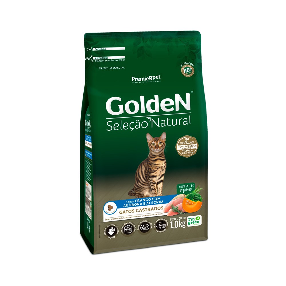Ração Golden Seleção Natural para Gatos Adultos Castrados sabor Frango, Abóbora e Alecrim