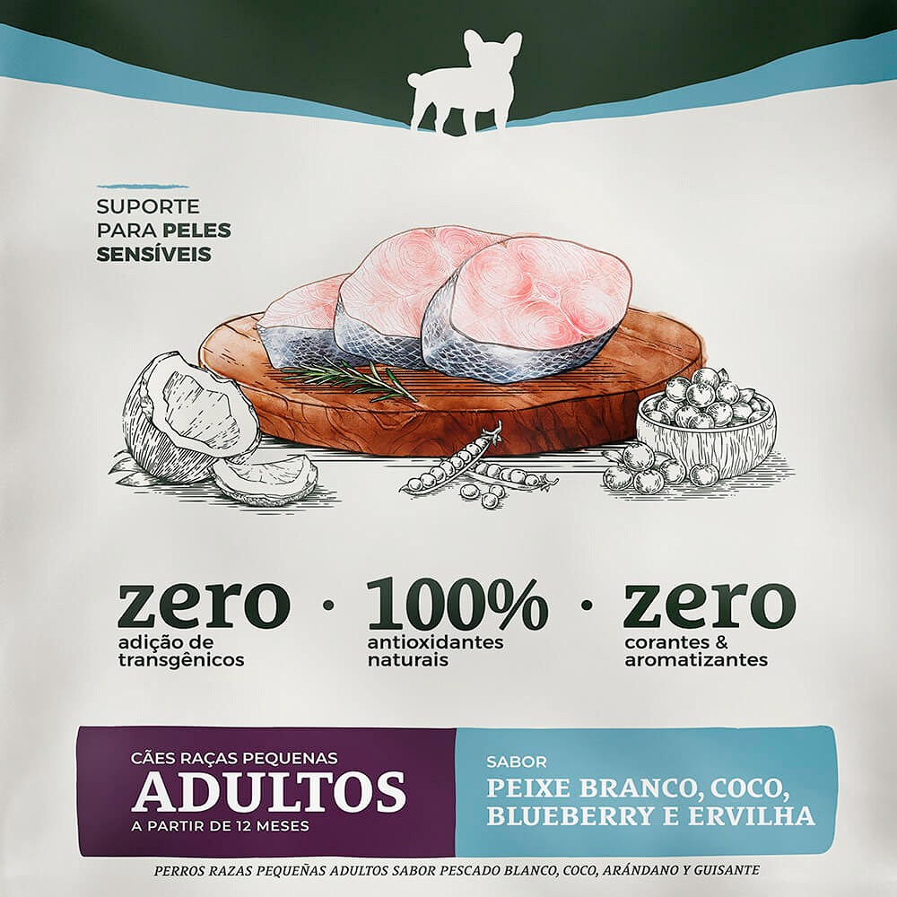 Ração Bionatural Sensitive para Cães Adultos de Raças Pequenas Sabor Peixe Branco, Coco, Blueberry e Ervilha