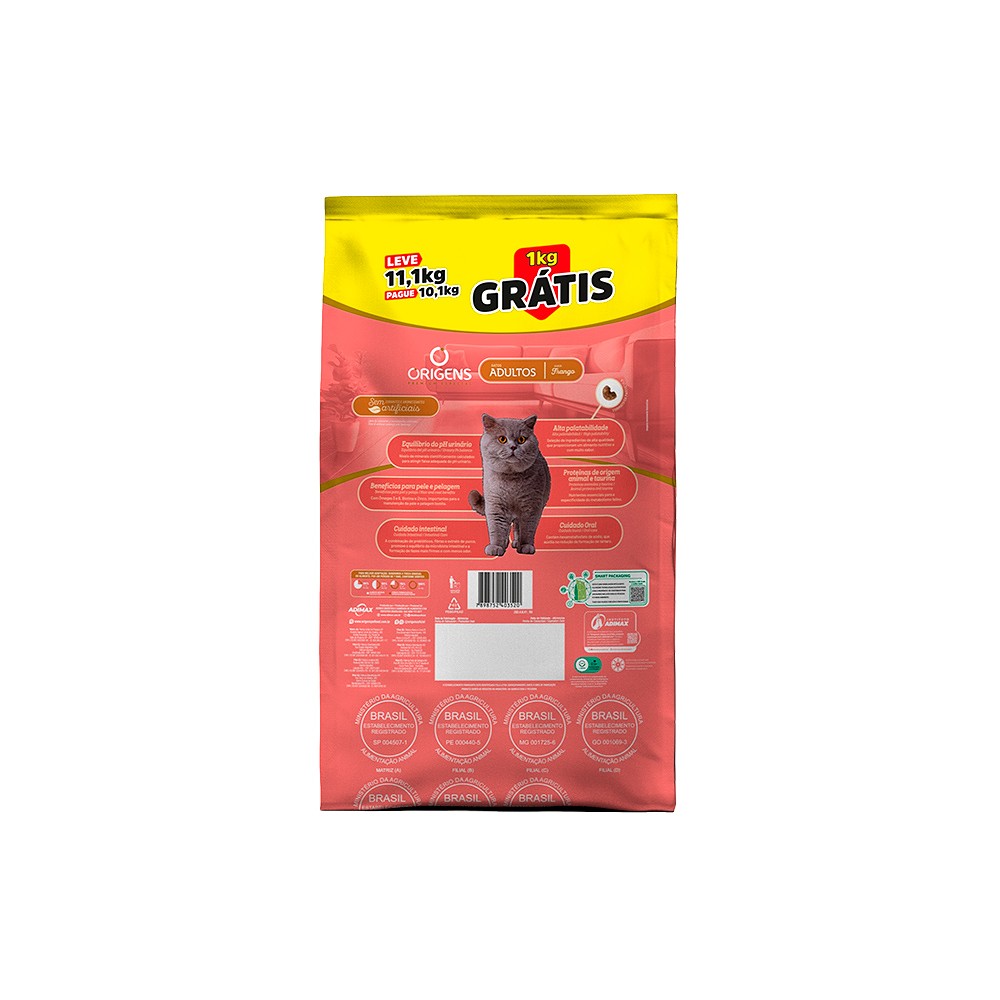Ração Origens para Gatos Adultos sabor Frango Pague 10,1kg e Leve 11,1kg