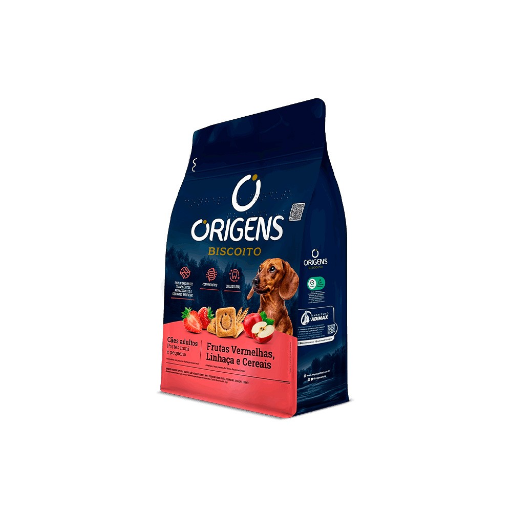 Biscoito Origens para Cães Adultos de Porte Mini e Pequeno Sabor Frutas Vermelhas, Linhaça e Cereais