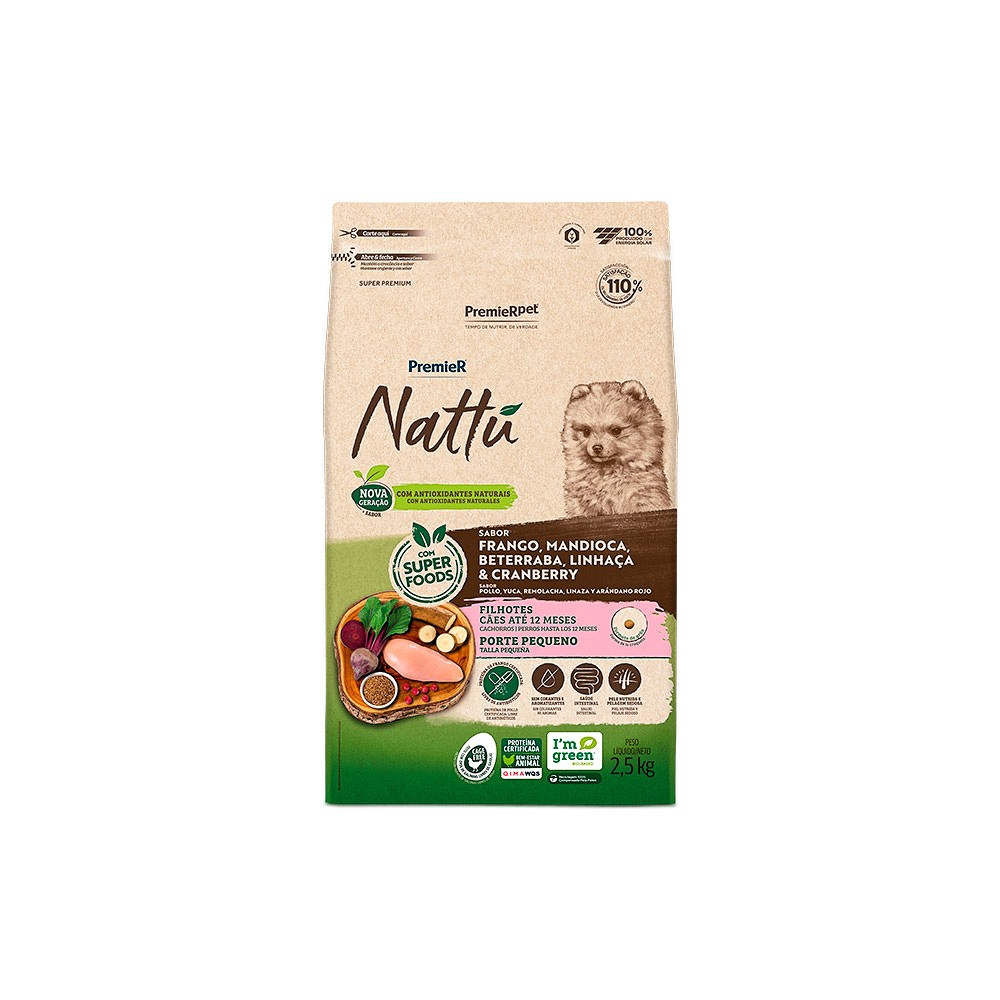 Ração Premier Nattu para Cães Filhotes Porte Pequeno Sabor Mandioca 
