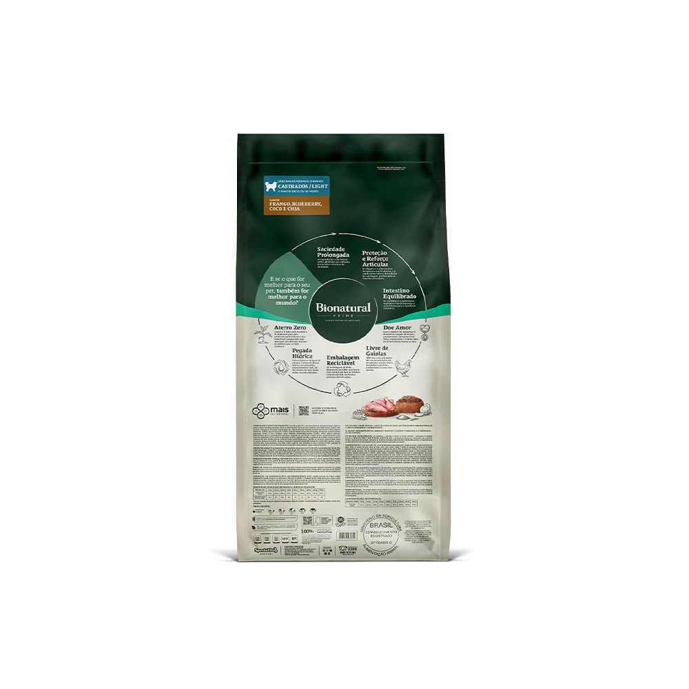 Ração Bionatural Prime para Cães Castrados de Raças Médias e Grandes Sabor Frango, Blueberry, Coco e Chia