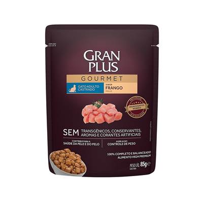 Ração GranPlus Sachê Gourmet para Gatos Adultos Castrados sabor Frango 85g