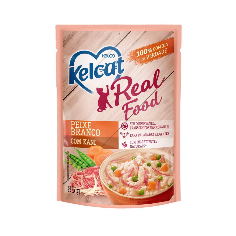 Ração Úmida Kelcat Real Food para Gatos com Paladares Exigentes Sabor Peixe Branco com Kani