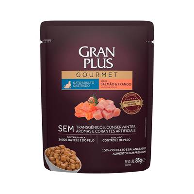Ração GranPlus Sachê Gourmet para Gatos Adultos Castrados sabor Salmão & Frango 85g