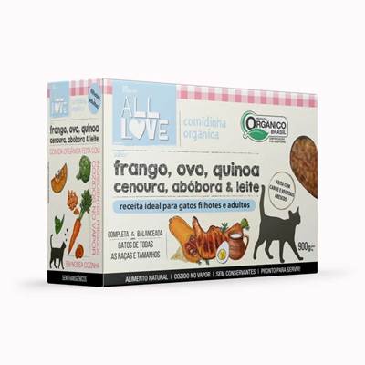 Alimento Natural All Love para Gatos Filhotes e Adultos sabor Frango, Ovo, Quinoa, Cenoura, Abóbora & Leite 0,9kg