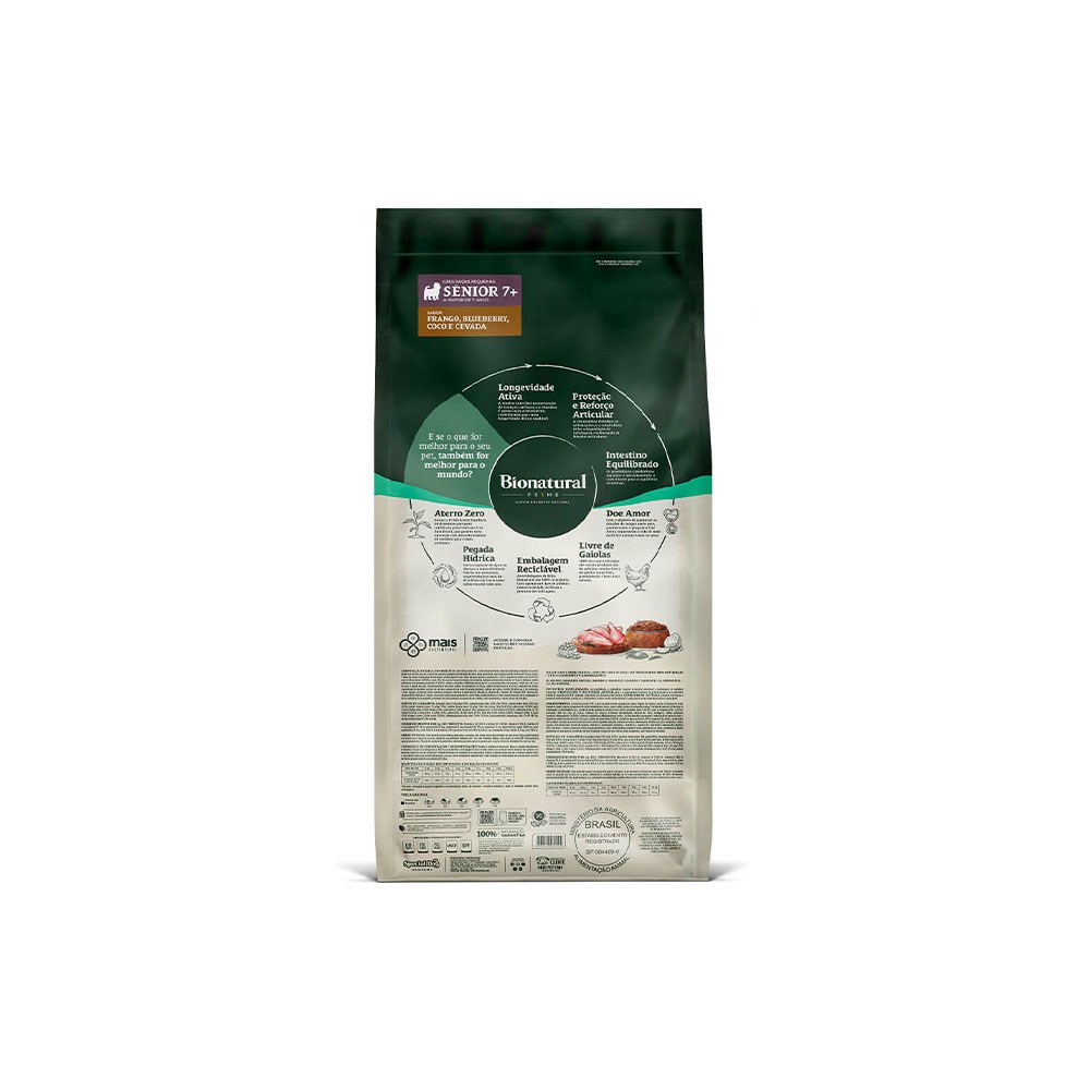 Ração Bionatural Prime para Cães Sênior 7+ de Raças Pequenas Sabor Frango, Blueberry, Coco e Cevada