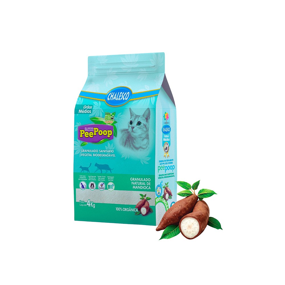 Areia Higiênica PeePoop Biodegradável Mandioca Grãos Médios para Gatos