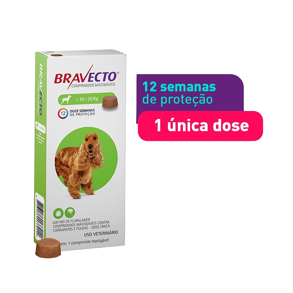 Antipulgas e Carrapatos Bravecto para Cães de 10kg a 20kg - 500mg