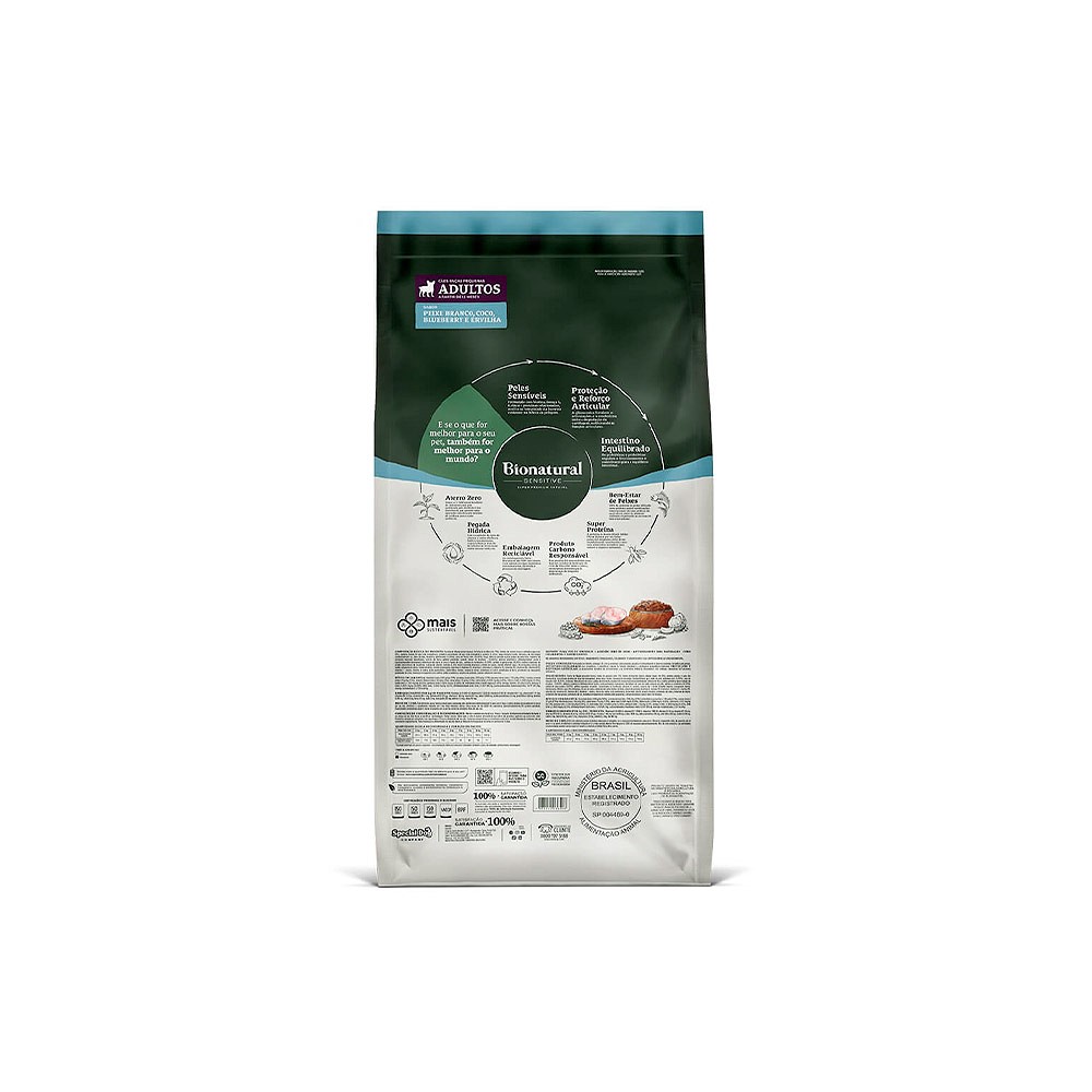 Ração Bionatural Sensitive para Cães Adultos de Raças Pequenas Sabor Peixe Branco, Coco, Blueberry e Ervilha