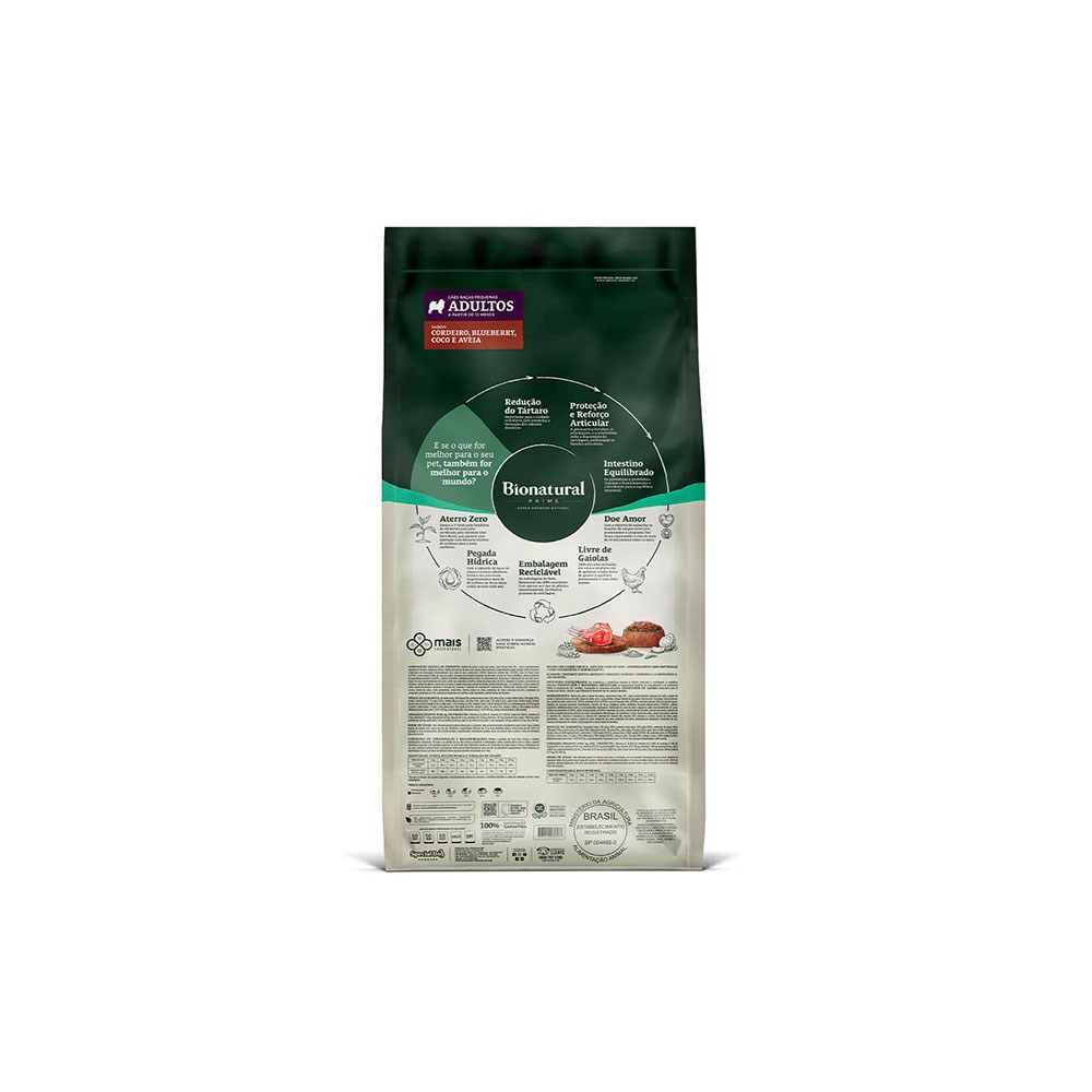 Ração Bionatural Prime para Cães Adultos de Raças Pequenas Sabor Cordeiro, Blueberry, Coco e Aveia