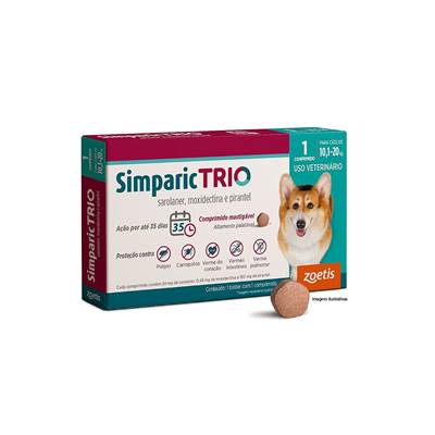 Antipulgas e Carrapatos Simparic TRIO 24mg para Cães com 10,1 a 20kg. 1 comprimido