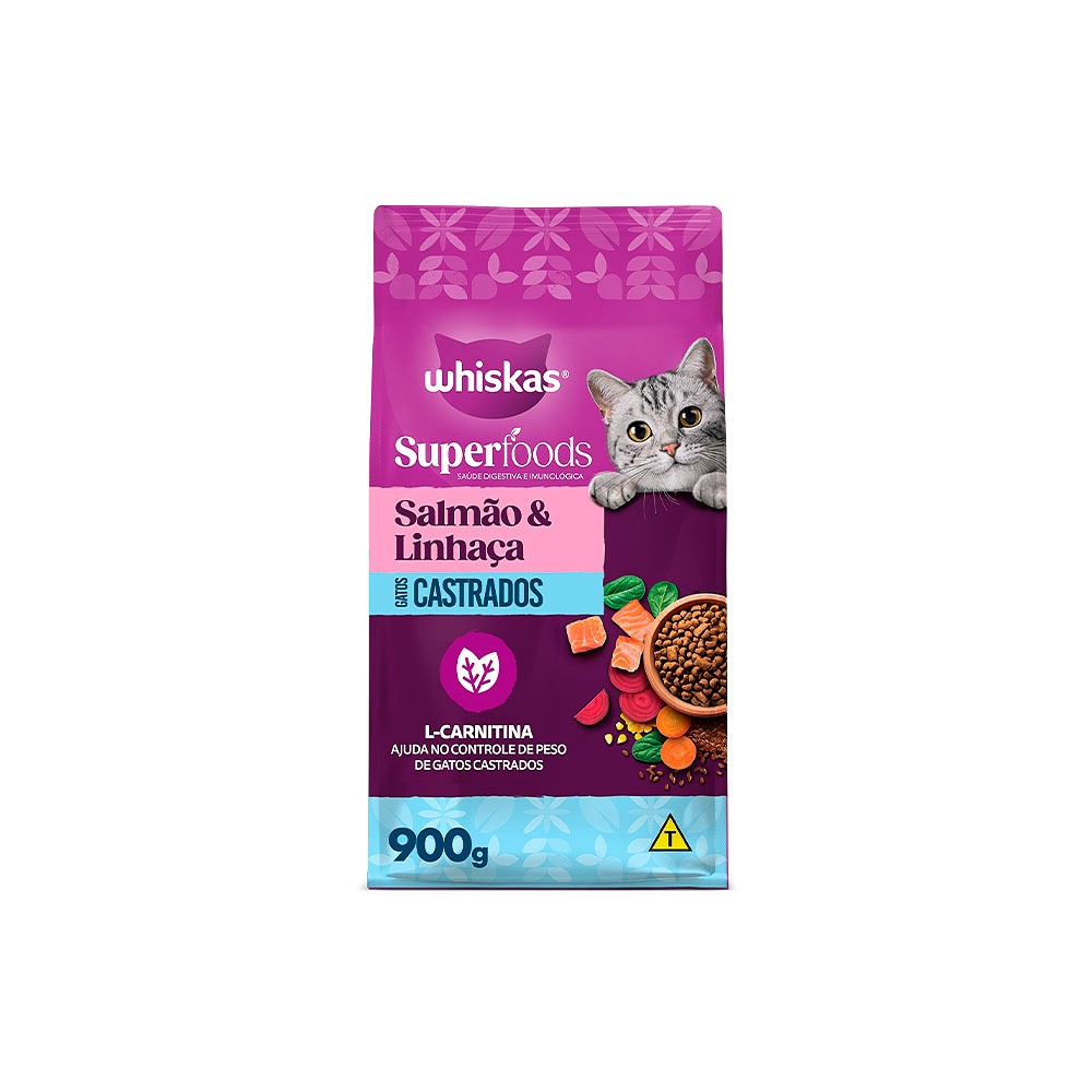 Ração Whiskas Superfoods para Gatos Adultos Castrados sabor Salmão e Linhaça