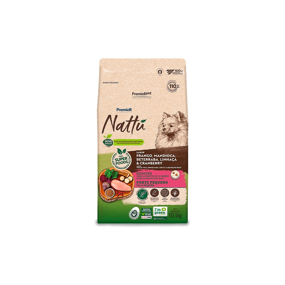 Ração Premier Nattu para Cães Adultos de Raças Pequenas Sabor Mandioca