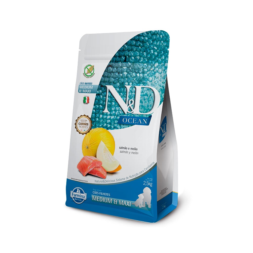 Ração N&D Ocean para Cães Filhotes de Porte Médio e Grande Sabor Salmão e Melão