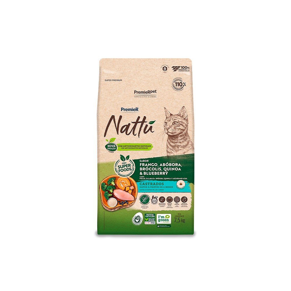 Ração Premier Nattu para Gatos Castrados sabor Frango, Abóbora, Brócolis, Quinoa e Blueberry