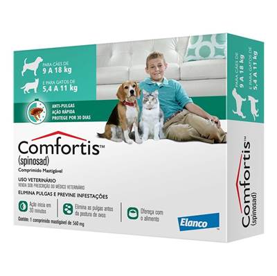 Antipulgas Comfortis Elanco 560mg para Cães de 9kg a 18kg e Gatos de 5,4kg a 11kg 1 comprimido