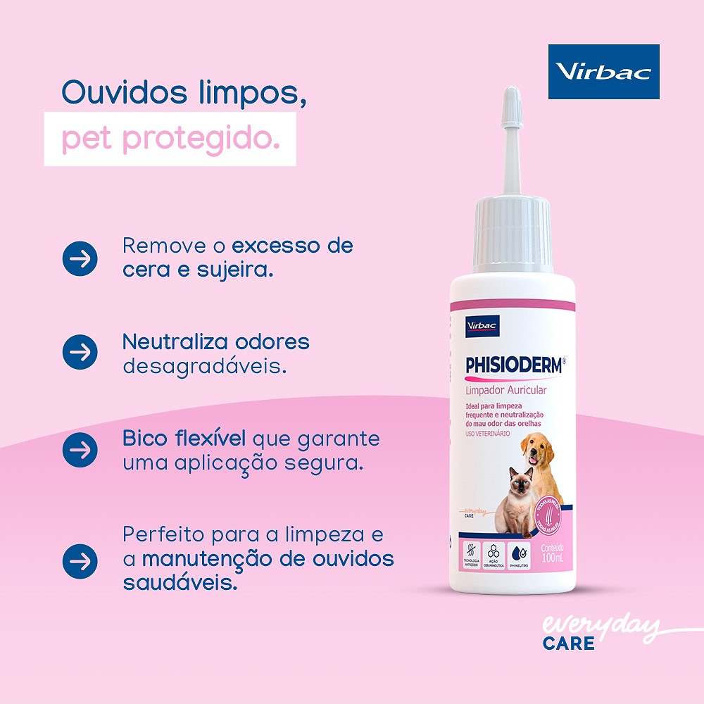 Limpador Auricular Virbac Phisioderm para Cães e Gatos