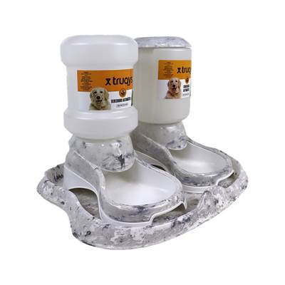 Kit Comedouro e Bebedouro Automático Truqys Pet Plástico Mármore Carrara Cinza para Cães e Gatos U