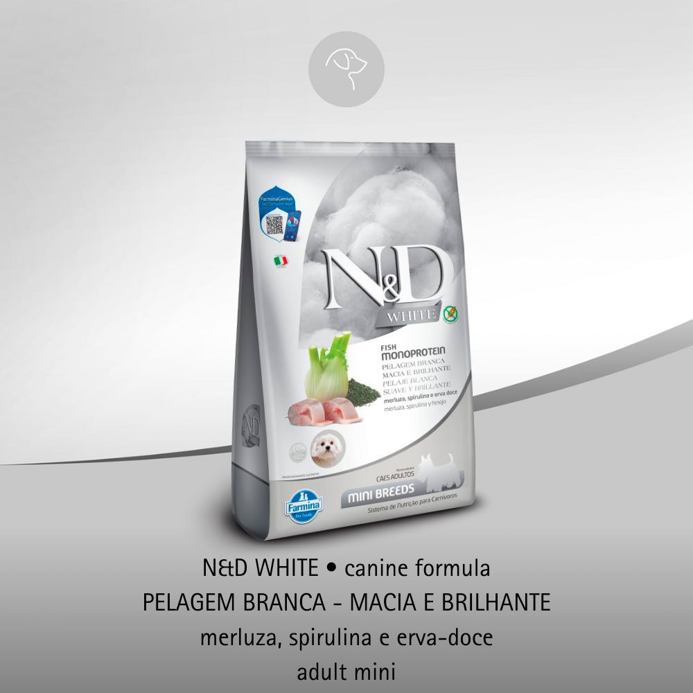 Ração Farmina N&D White para Cães Adultos de Porte Mini Sabor Merluza, Spirulina e Erva Doce