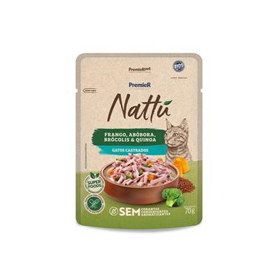 Ração Úmida Premier Nattu para Gatos Castrados sabor Frango, Abóbora, Brócolis e Quinoa 70g