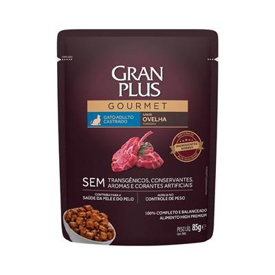 Ração GranPlus Sachê Gourmet para Gatos Adultos Castrados sabor Ovelha 85g
