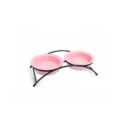 Comedouro Duplo The Pets Suspenso Porcelana Rosa para Cães e Gatos U