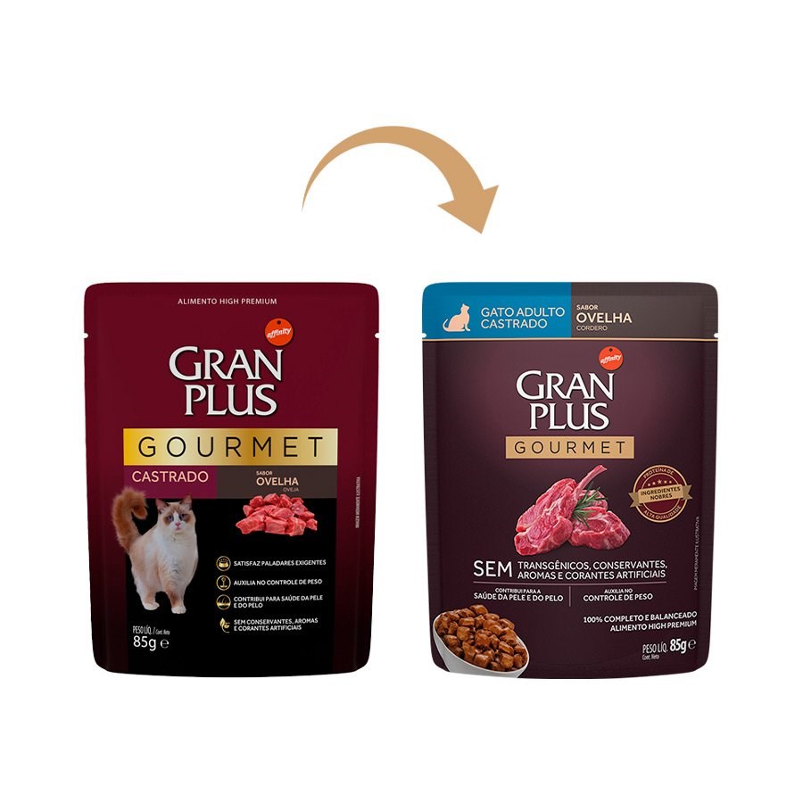 Ração GranPlus Sachê Gourmet para Gatos Adultos Castrados sabor Ovelha