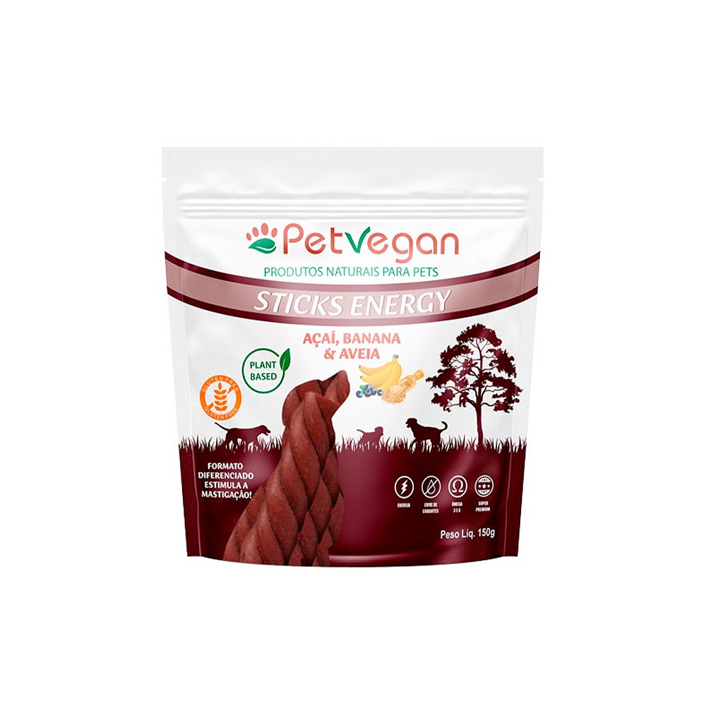 Snack PetVegan Sticks Energy para Cães Sabor Açaí, Banana e Aveia