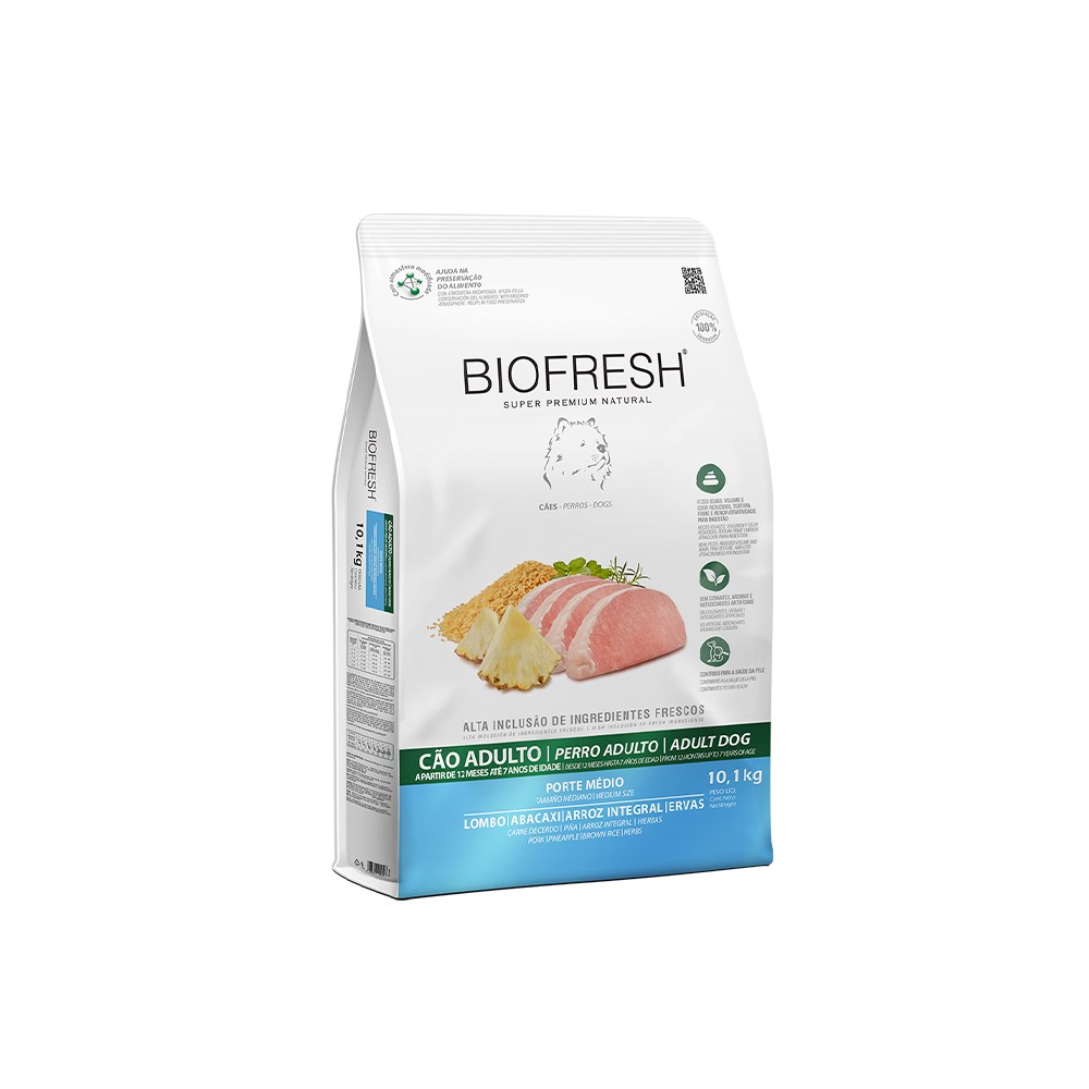 Ração Biofresh para Cães Adultos Porte Médio Sabor Lombo, Abacaxi, Arroz Integral e Ervas