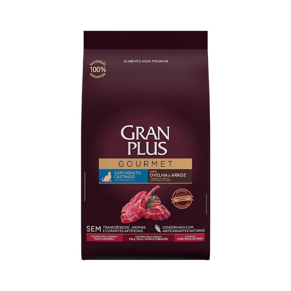 Ração Granplus Gourmet para Gatos Castrados sabor Ovelha e Arroz