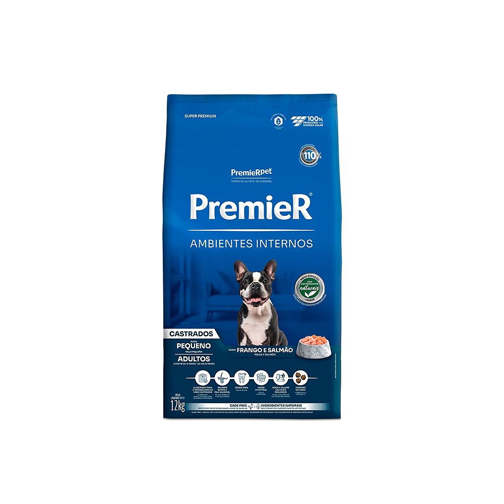 Ração Premier Ambientes Internos para Cães Adultos Castrados Raças Pequenas sabor Frango & Salmão