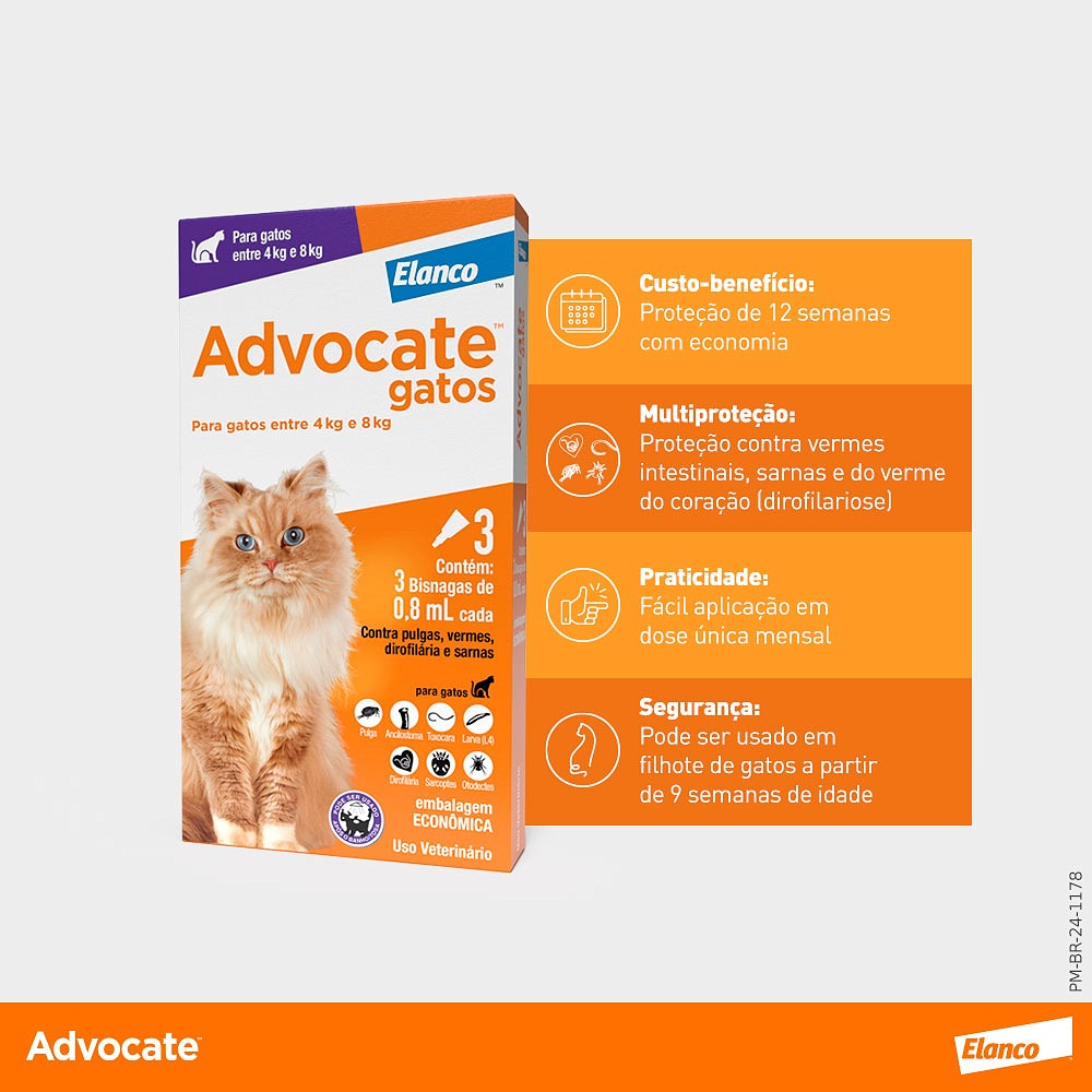 Antipulgas e Endectocida Advocate 0,8ml para Gatos entre 4kg e 8kg