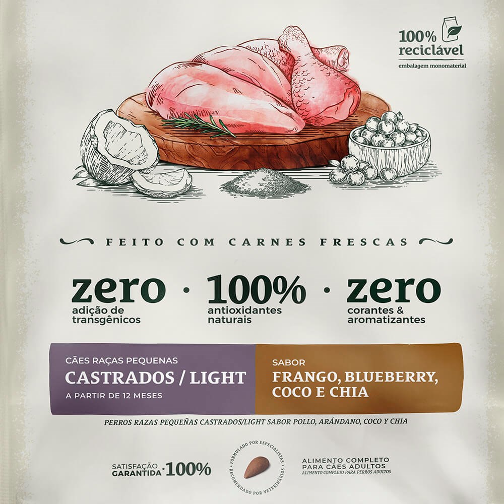 Ração Bionatural Prime para Cães Castrados de Raças Pequenas Sabor Frango, Blueberry, Coco e Chia