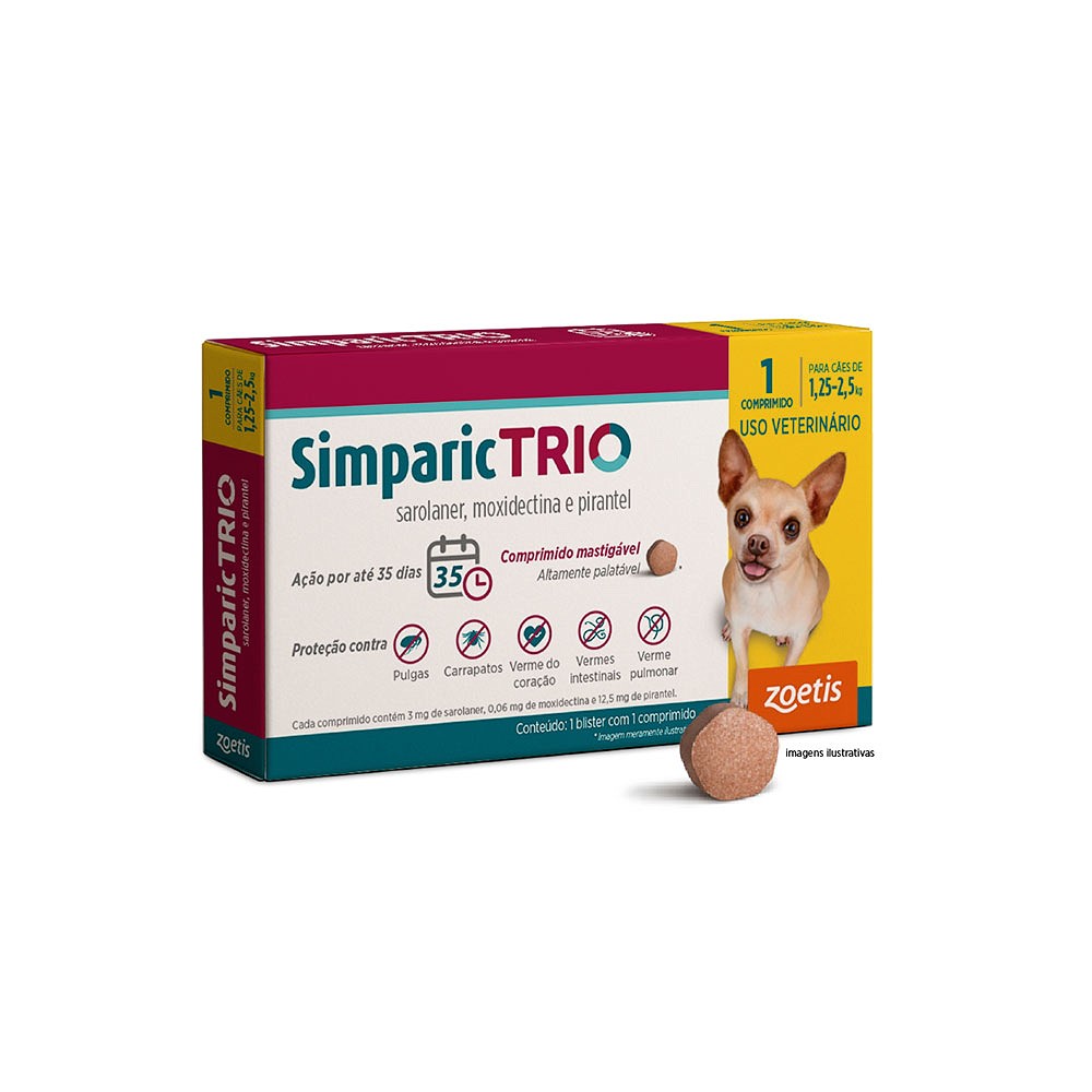 Antipulgas e Carrapatos Simparic TRIO 3mg para Cães com 1,25kg a 2,5kg