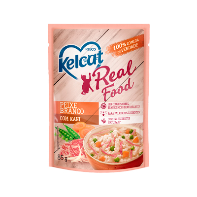Ração Úmida Kelcat Real Food para Gatos com Paladares Exigentes Sabor Peixe Branco com Kani 85g